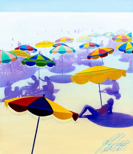 Ed Little (CT,b 1957) oil painting: ARTIST: Ed Little (Connecticut, born 1957) TITLE: Beach Umbrella - Beach Scene (titled on verso) YEAR: 1989 MEDIUM: oil on board CONDITION: Very good. No visible inpaint under UV light. ART SIZE: 14