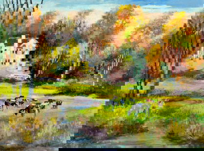 John Reilly (NY,NJ,1942-2021) oil painting: ARTIST: John Reilly (New York, New Jersey, 1942 - 2021) TITLE: Autumn Country Landscape with Cows MEDIUM: oil on board CONDITION: Some small damage to the lower right corn