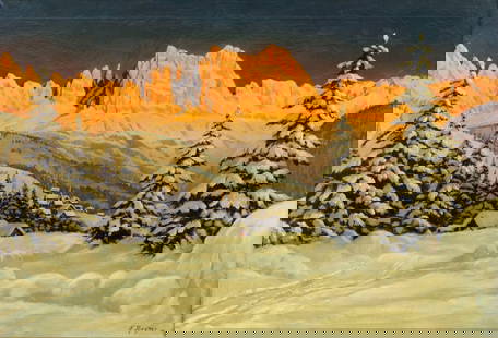 Frances Rayner (German,mid 20C) oil painting: ARTIST: Frances Rayner (Germany, mid 20 century) TITLE: Winter Alpine Landscape MEDIUM: oil on canvas CONDITION: Some craquelure. No visible inpaint under UV light. ART SIZE: 24 x 36 inches / 60 x