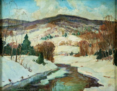 H E Winslow (US,mid 20C) oil painting: ARTIST: H E Winslow (American, mid 20 century) TITLE: Winter Stream Landscape MEDIUM: oil on canvas. Canvas applied to board. CONDITION: Few very minor scratches/paint losses mostly along the right