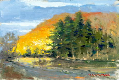 Robert Waltsak (NJ,b 1944) oil painting: ARTIST: Robert Alan Waltsak (New Jersey, born 1944) TITLE: Autumn Mountain Landscape MEDIUM: oil on canvas CONDITION: Missing a few flakes of paint by the lower edge. No visible inpaint under UV