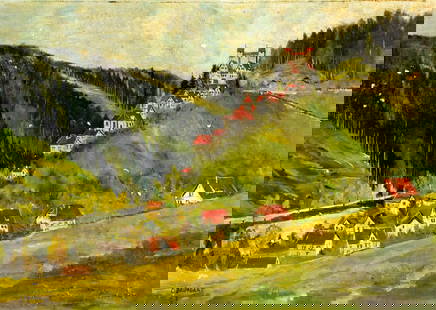 E Baumgart (German,mid 20C) oil painting: ARTIST: E Baumgart (Germany, mid 20 century) TITLE: Blick auf Berneck im Schwarzwald (titled on verso) YEAR: 1957 MEDIUM: oil on canvas. Canvas applied to board.