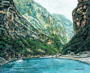 Evelyn Metzger (NY,Brazil,1911-2007) oil painting: ARTIST: Evelyn Borchard Metzger (New York, Brazilian, 1911 - 2007) TITLE: Mountain River Landscape YEAR: 1999 MEDIUM: oil on board CONDITION: Few small scratches. No visible inpaint under UV light.