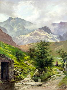 W G Shrubsole (UK,?-1889) oil painting antique: ARTIST: W G Shrubsole (British, ? - 1889) NAME: Mountain Landscape MEDIUM: oil on canvas CONDITION: One patch repair with corresponding inpainting. Minor stable craquelure. Some damages to frame.