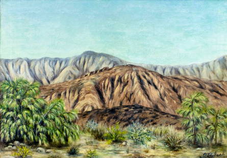 Isabelle Bradley Jack (CA,FL,1890-1978) oil painting: ARTIST: Isabelle Bradley Jack (California, Florida, 1890 - 1978) TITLE: Mountain Landscape MEDIUM: oil on canvas CONDITION: Few minor paint losses. Some craquelure. No visible inpaint under UV