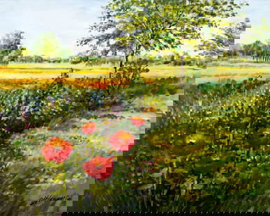 Marianelli (TX,20C) oil painting: ARTIST: Marianelli (Texas, 20 century) TITLE: Flower Field Landscape MEDIUM: oil on canvas CONDITION: Unstretched (In-House stretching available). Overall good. No visible i