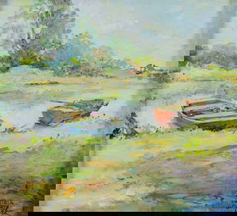Virginia Schlueter (MO,1901-1994) oil painting: ARTIST: Virginia Moberly Schlueter (Missouri, 1901 - 1994) TITLE: River Landscape with Boats MEDIUM: oil on canvas. Canvas applied to board. CONDITION: Very good. No visible inpaint under UV light.