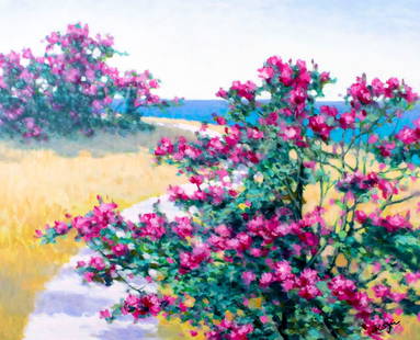 Zu Sheng Yu (NY,20C) oil painting: ARTIST: Zu Sheng Yu (New York, 20 century) TITLE: Coastal Landscape with Flower Bushes MEDIUM: oil on canvas CONDITION: Unstretched (In-House stretching available). Very good. No visible inpaint