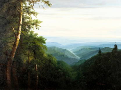 Ron Williams (TN,1947-2016) oil painting: ARTIST: Ron Williams (Tennessee, 1947 - 2016) TITLE: Sunset Mountain Landscape MEDIUM: oil on canvas CONDITION: Few minor scratches/paint losses. No visible inpaint under