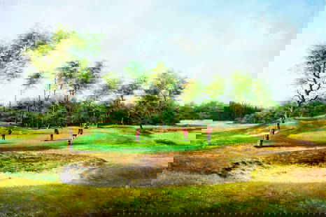D'Angelo (Europe,20C) oil painting: ARTIST: D'Angelo (European, 20 century) TITLE: Golf Scene MEDIUM: oil on canvas CONDITION: Unstretched (In-House stretching available). Missing a few flakes of paint. Some craquelure. No visible