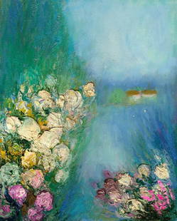Yolanda Razzeto (Peru,1948-?) oil painting: ARTIST: Yolanda Razzeto (Peruvian, 1948 - ???) TITLE: Flower Garden Landscape with Houses MEDIUM: oil on canvas CONDITION: Unstretched (In-House stretching available). Overall good. No visible