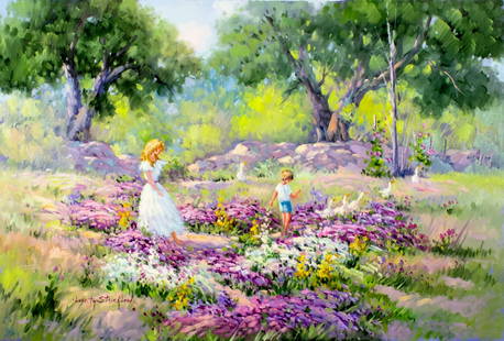 Loveta Strickland (TX,20/21C) oil painting: ARTIST: Loveta Strickland (Texas, 20/21 centuries) TITLE: Countryside Scene with Geese MEDIUM: oil on canvas CONDITION: Unstretched (In-House stretching available). Very good. No visible inpaint