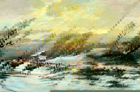 Carl Philipp Weber (PA,German,1849-1922) oil painting antique: ARTIST: Carl Philipp Webber (Pennsylvania, Germany, 1849 - 1922) TITLE: Winter Country Landscape with Cows MEDIUM: oil on canvas CONDITION: Relined. Few very minor paint losses. Very minor