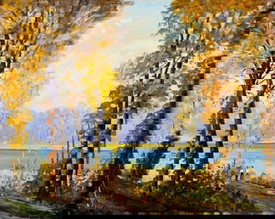 Nunzio Vayana (FL,ME,Italy,1878-1960) oil painting: ARTIST: Nunzio Vayana (Florida, Maine, Italian, 1878 - 1960) TITLE: Autumn River Landscape MEDIUM: oil on canvas CONDITION: Ovrerall good. No visible inpaint under UV ligh