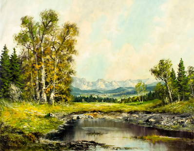 Joseph Fruhmesser (Austria,Germany,1928-1995) oil painting: ARTIST: Joseph Josef Fruhmesser (Austrian, German, 1928 - 1995) TITLE: Mountain Lake Landscape MEDIUM: oil on canvas CONDITION: Unstretched (In-House stretching available)