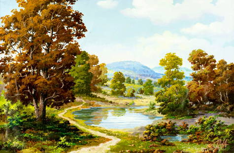 V Zala (Europe,20C) oil painting: ARTIST: V Zala (European, 20 century) TITLE: Autumn Hilly Landscape MEDIUM: oil on canvas CONDITION: Unstretched (In-House stretching available). Some small scratches/paint