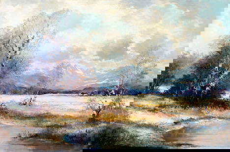 Helmut Stadelhofer (German,1914-1979) oil painting: ARTIST: Helmut Stadelhofer (Germany, 1914 - 1979) TITLE: Mountain Landscape MEDIUM: oil on canvas CONDITION: Unstretched (In-House stretching available). Few small paint
