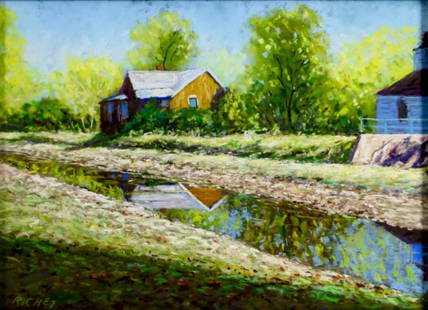 Bob Richey (PA,b 1949) pastel painting: ARTIST: Bob Richey (Pennsylvania, born 1949) TITLE: Country Landscape MEDIUM: pastel on paper CONDITION: Very good. Framed under glass. ART SIZE: 11 x 15 inches / 27 x 38 cm FRAME SIZE: 19 x 23