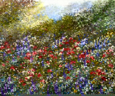 Joanna Lyly Wang (US,China,20C) oil painting: ARTIST: Joanna Lyly Wang (American, Chinese, 20 century) TITLE: Flower Garden Landscape MEDIUM: oil on canvas CONDITION: Unstretched (In-House stretching available). Minor c