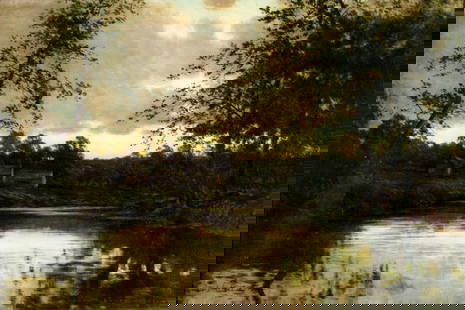 G A Waterston (UK,19C) oil painting antique: ARTIST: G A Waterston (United Kingdom, 19 century) TITLE: Sunset River Landscape MEDIUM: oil on canvas CONDITION: One small repaired tear. Minor craquelure. Some scattered m