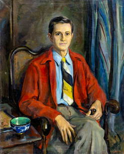 Marion Harris (NJ,DE,1904-1988) oil painting: ARTIST: Marion Harris Barton (New Jersey, Delaware, 1904 - 1988) TITLE: Portrait of Man with Pipe MEDIUM: oil on canvas CONDITION: Some scratches/paint losses. Some craque