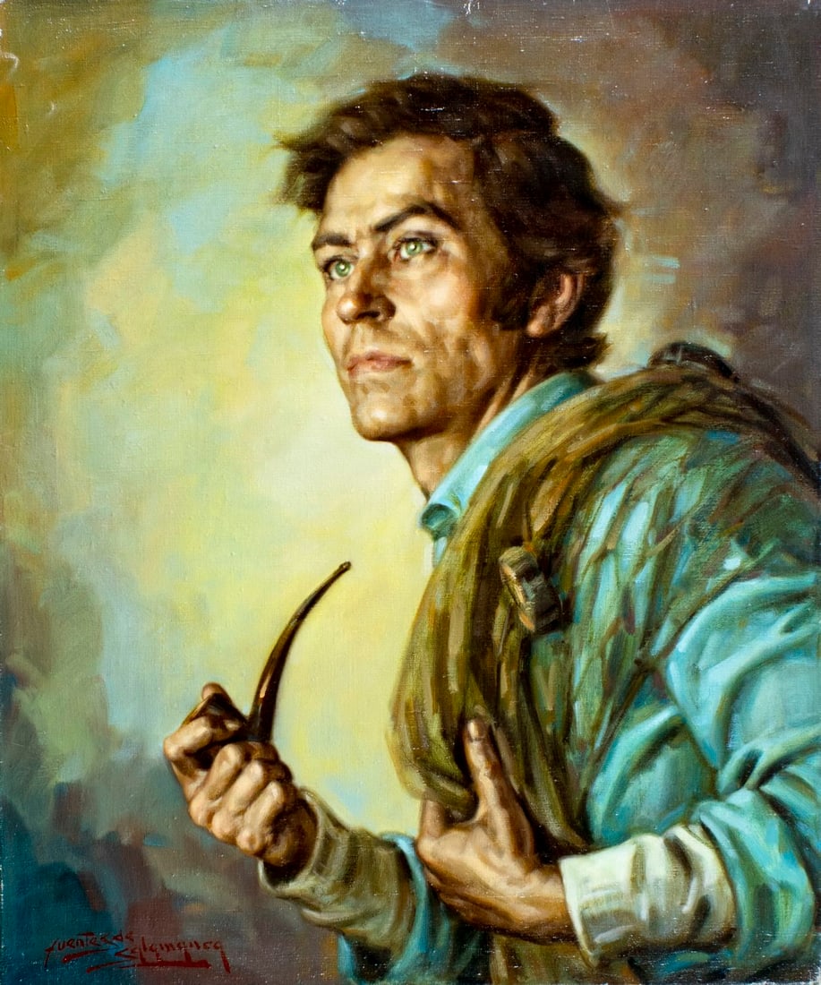 Jose Fuentes de Salamanca (Spain,1934-?) oil painting: ARTIST: Jose Fuentes de Salamanca (Spanish, 1934 - ???) TITLE: Portrait of Man with Pipe MEDIUM: oil on canvas CONDITION: Few small paint losses along edges. No visible in