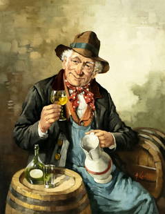 Hans Kerber (Austria,1920-?) oil painting: ARTIST: Hans Kerber (Austrian, 1920 - ???) TITLE: Man Drinking Wine MEDIUM: oil on canvas CONDITION: Unstretched (In-House stretching available). Very good. No visible inp