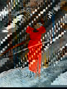 Evelyn Metzger (NY,Brazil,1911-2007) oil painting: ARTIST: Evelyn Borchard Metzger (New York, Brazilian, 1911 - 2007) TITLE: Woman in Red Dress YEAR: 1998 MEDIUM: oil on board CONDITION: Some small fain
