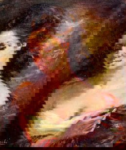 F Carabi (Europe,20C) oil painting: ARTIST: F Carabi (European, 20 century) TITLE: Portrait of Woman MEDIUM: oil on canvas CONDITION: Unstretched (In-House stretching available). Minor paint losses. Some craqu