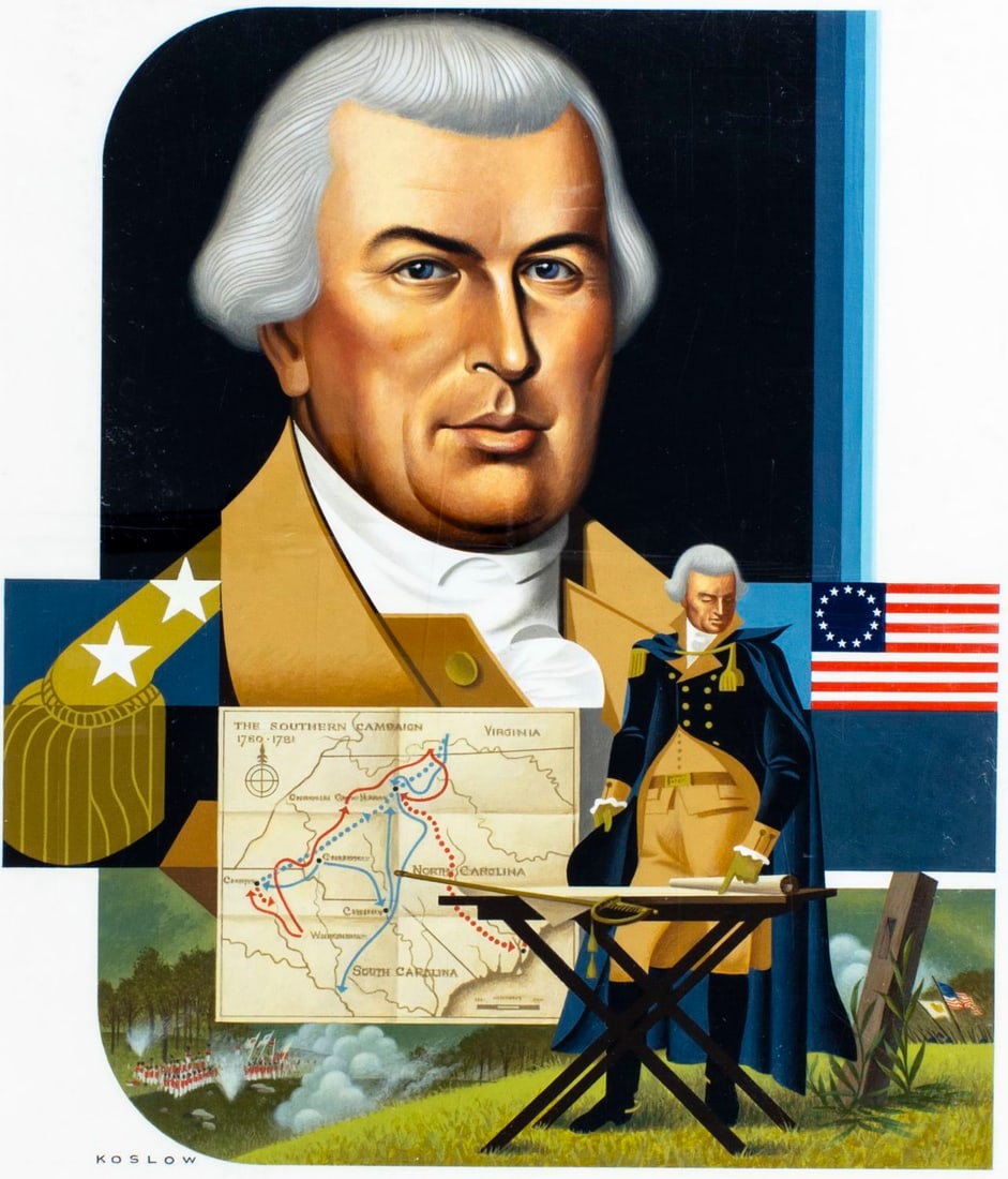 Howard Koslow (NJ,NY,1924-2016) oil painting: ARTIST: Howard Bertram Koslow (New Jersey, New York, 1924 - 2016) TITLE: Major General Nathanael Greene MEDIUM: oil on board CONDITION: Very good. No visible inpaint under