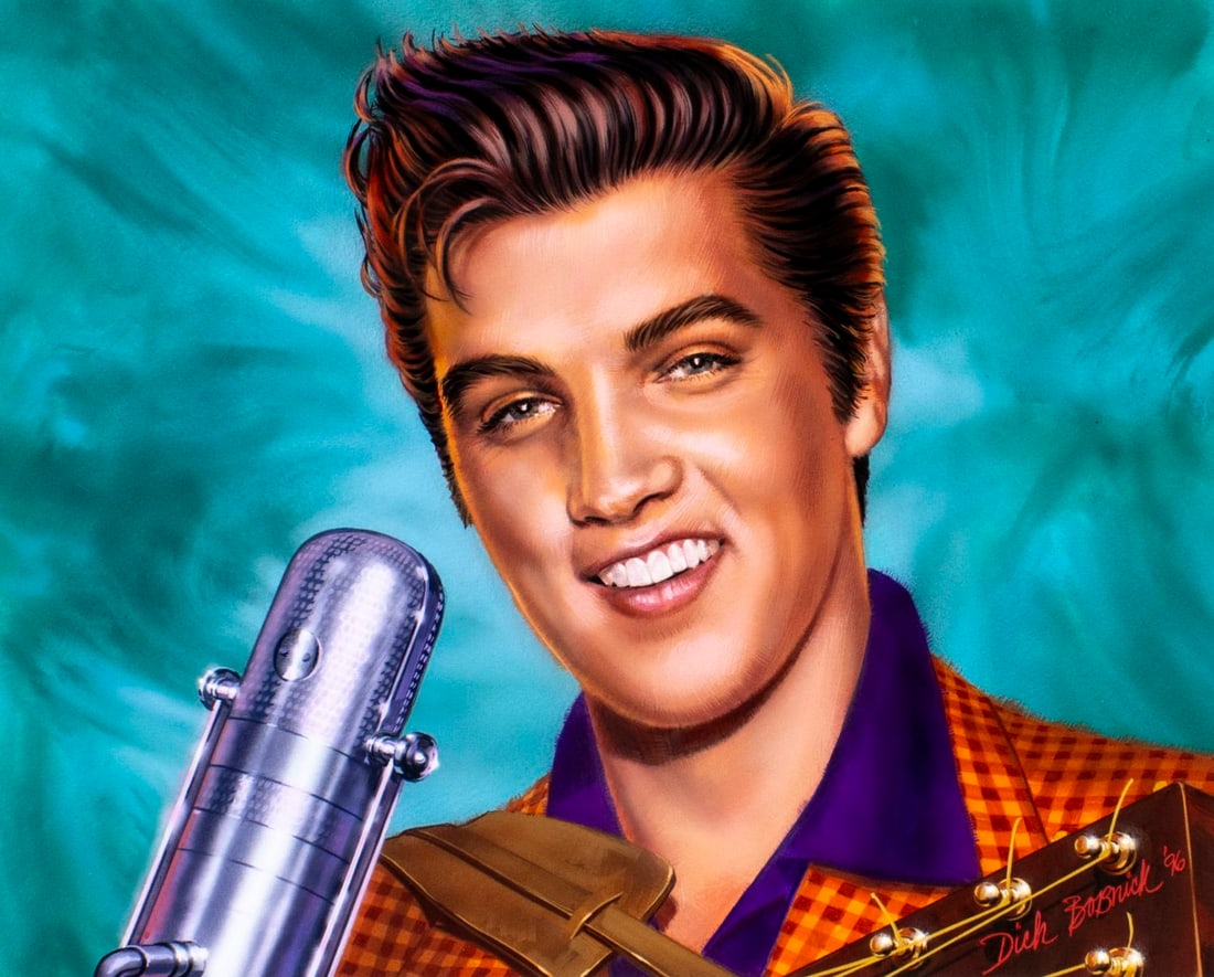 Dick Bobnick (MN,20/21C) gouache painting: ARTIST: Dick Bobnick (Minnesota, 20/21 centuries) TITLE: Memories of Elvis Presley in Concert, 1950s (titled on verso) YEAR: 1996 MEDIUM: gouache on board CONDITI