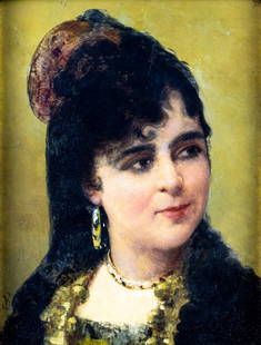 Antique 19C American oil painting signed: ARTIST: - (Europe, 19 century) TITLE: Portrait of Lady YEAR: 1889 MEDIUM: oil on board CONDITION: Few minor scratches. Minor craquelure. No visible inpaint under UV light. Some damages to frame.
