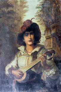 Avery (US,19C) oil painting antique: ARTIST: Avery (American, 19 century) TITLE: Woman with Mandolin MEDIUM: oil on canvas CONDITION: Some small scratches/paint losses. Some craquelure. Some scattered inpaintin