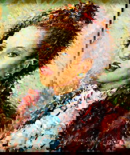 Moris Salvatore (Europe,20C) oil painting: ARTIST: Moris Salvatore (European, 20 century) TITLE: Portrait of Woman MEDIUM: oil on board CONDITION: Few small scratches/paint losses. Some vertical surface cracks. No visible inpaint under UV