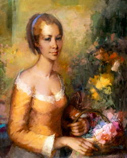 Ruggero Serrato (Italy,1898-?) oil painting: ARTIST: Ruggero Serrato (Italian, 1898 - ???) TITLE: Portrait of Woman with Flower Basket MEDIUM: oil on canvas CONDITION: Unstretched (In-House stretching available). Few