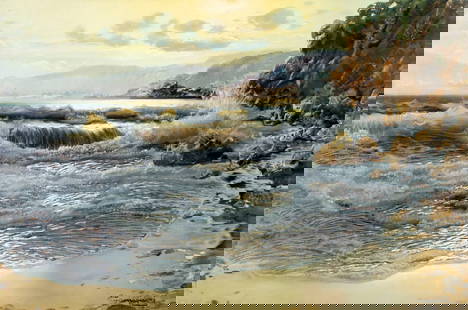 Ottorino Campagnari (Italy,1910-1981) oil painting: ARTIST: Ottorino Campagnari (Italian, 1910 - 1981) TITLE: Coastal Landscape MEDIUM: oil on canvas CONDITION: Unstretched (In-House stretching available). Some small paint