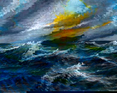 Viktor Ilyushkin (Russia,b 1946) oil painting: ARTIST: Viktor Nikolayevich Ilyushkin (Russian, born 1946) TITLE: Sunset Seascape, Arkhipki, Russia (titled on verso) MEDIUM: oil on canvas CONDITION: Unstretched (In-House
