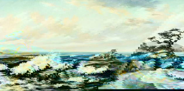 Dalhart Windberg (TX,b 1933) oil painting: ARTIST: Dalhart Windberg (Texas, born 1933) TITLE: Beach Seascape (titled on verso) MEDIUM: oil on canvas CONDITION: One patch. Few minor paint losses. Some craquelure. Few small inpaintings. ART