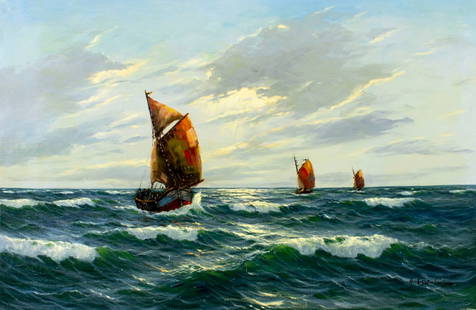 Gerhard Lukas Larsen (German,1911-1965) oil painting: ARTIST: Gerhard Lukas Larsen (Germany, 1911 - 1965) TITLE: Seascape with Sail Ships MEDIUM: oil on canvas CONDITION: Unstretched (In-House stretching available). Few minor scratches/paint losses.