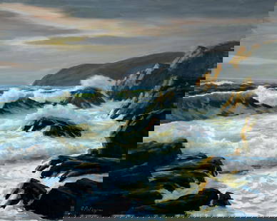 George Holloway (NJ,20C) oil painting: ARTIST: George Holloway (New Jersey, 20 century) TITLE: Sunset Seascape MEDIUM: oil on canvas CONDITION: Missing a few flakes of paint mostly on the sky. No visible inpaint under UV light. ART SIZE: