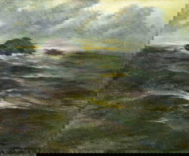 Julio G Gutierrez (France,1882-1996) oil painting antique: ARTIST: Julio Garcia Gutierrez (Spanish, French, 1882 - 1996) TITLE: Night Seascape MEDIUM: oil on canvas CONDITION: Minor craquelure. No visible inpaint under UV light.