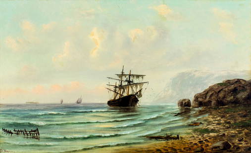 William Torgerson (IL,1833-1890) oil painting antique: ARTIST: Alex William Torgerson (Illinois, 1833 - 1890) NAME: Seascape MEDIUM: oil on canvas CONDITION: Relined. Some craquelure. Few scattered inpaited areas in sky and along edges. SIGHT SIZE: 22 x