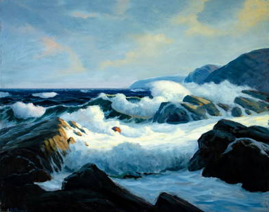 George Holloway (NJ,20C) oil painting: ARTIST: George Holloway (New Jersey, 20 century) TITLE: Seascape MEDIUM: oil on canvas CONDITION: Few minor paint losses by the lower edge. No visible inpaint under UV light. ART SIZE: 24 x 30 inches