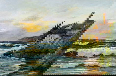 Gerhard Lukas Larsen (German,1911-1965) oil painting: ARTIST: Gerhard Lukas Larsen (Germany, 1911 - 1965) TITLE: Sunset Coastal Landscape with Mansion MEDIUM: oil on canvas CONDITION: Unstretched (In-House stretching available). Overall good. No