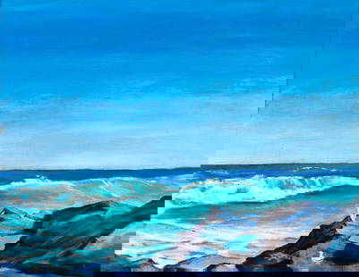 Vintage mid 20C American oil painting signed: ARTIST: - (American, mid 20 century) TITLE: Seascape MEDIUM: oil on canvas CONDITION: Missing a few flakes of paint. Some craquelure. No visible inpaint under UV light. Wear to frame. ART SIZE: 23