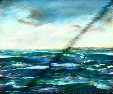 Frank C Symmons (US,mid 20C) oil painting: ARTIST: Frank C Symmons (American, mid 20 century) TITLE: Seascape with Seagulls YEAR: 1958 MEDIUM: oil on canvas CONDITION: Minor craquelure. No visible