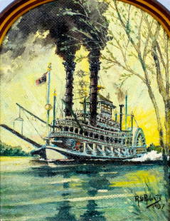 R G Roberts (US,early 20C) oil painting antique: ARTIST: R G Roberts (American, early 20 century) TITLE: Steamboat YEAR: 1937 MEDIUM: oil on board CONDITION: Minor damages to lower corners. No visible i