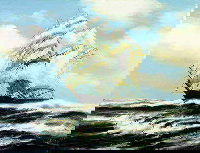 James Blade (UK,20C) oil painting: ARTIST: James Blade (United Kingdom, 20 century) TITLE: Sail Ship MEDIUM: oil on canvas CONDITION: Unstretched (In-House stretching available). Some paint losses. Some craqu