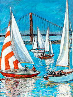 Evelyn Metzger (NY,Brazil,1911-2007) oil painting: ARTIST: Evelyn Borchard Metzger (New York, Brazilian, 1911 - 2007) TITLE: Sailing Yachts YEAR: 1996 MEDIUM: oil on board CONDITION: Overall good. No vi