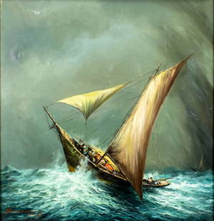 C Fernandez (Philippines,20C) oil painting: ARTIST: C Fernandez (Filipino, 20 century) TITLE: Sailboat in Storm MEDIUM: oil on canvas CONDITION: Some scratches/paint losses. Some craquelure. Some scattered inpaintings
